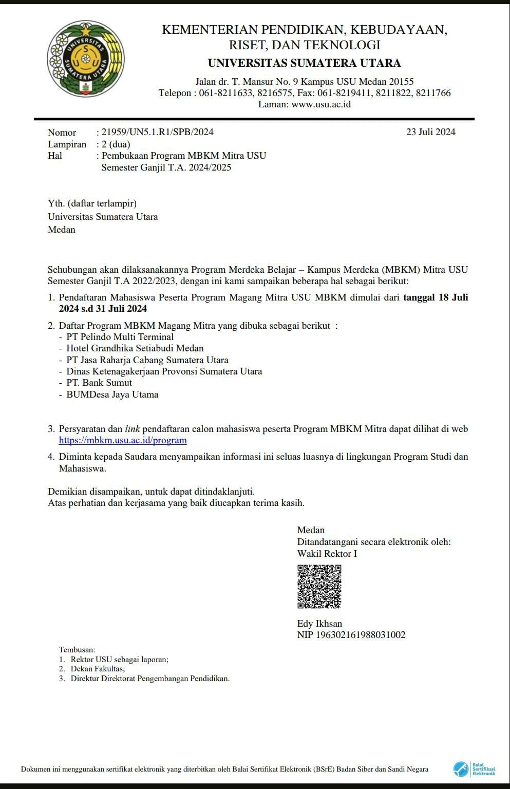 Pembukaan Program MBKM Mitra USU Semester Ganjil TA 2024/2025